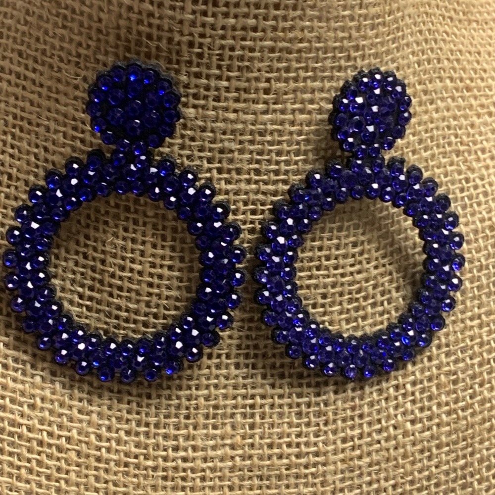 Cobalt Blue Rhinestone Hoop Drop Earrings Crystal Statement Post Back 4886